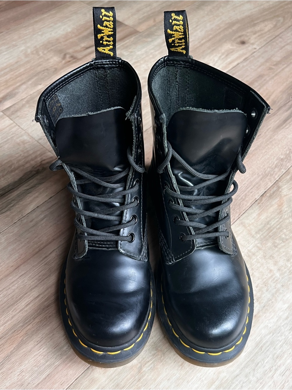 Doc Martin Airwair Black Leather Lace-Up Combat Boots with Yellow Stitching